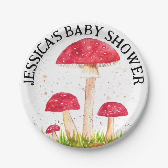 Toadstool Mushroom Forest watercolor Red Nature Paper Plate (Front)