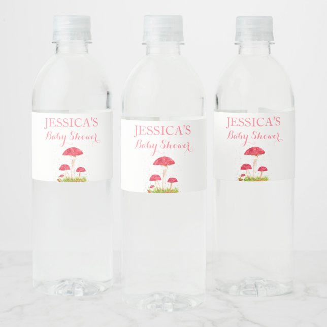 Toadstool Mushroom Watercolor Cute Baby Shower Water Bottle Label (Bottles)