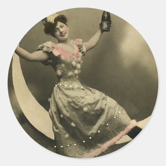 Toast of Champagne on a Crescent Moon Classic Round Sticker (Front)