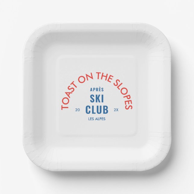 Toast On The Slopes Après Ski Club Red & Blue Paper Plate (Front)