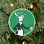 Toast the Season! Ceramic Tree Decoration<br><div class="desc">A very suave deer in holiday dress ready to toast friends with his glass of wine.  Personalise the back of this ornament with 3 lines of text of your choice. It's easy to do!  The ornament is a terrific host gift,  bottle ornament or one to hang on your tree!</div>