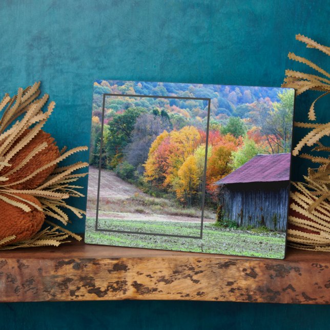 Tobacco Barn Autumn Foliage Add Your Own Photo Plaque (Side)
