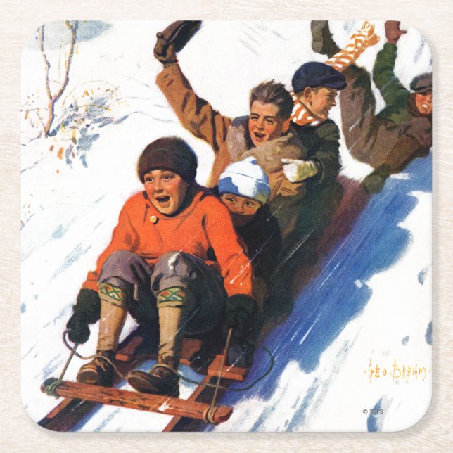 Tobagganing Square Paper Coaster (Front)