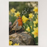 Tobin Singing into a Spring Daffodil Jigsaw Puzzle<br><div class="desc">A robin sits on a rock surrounded by vibrant yellow daffodils,  playfully singing into one as if it were a microphone,  illustrated by whimsical musical notes</div>