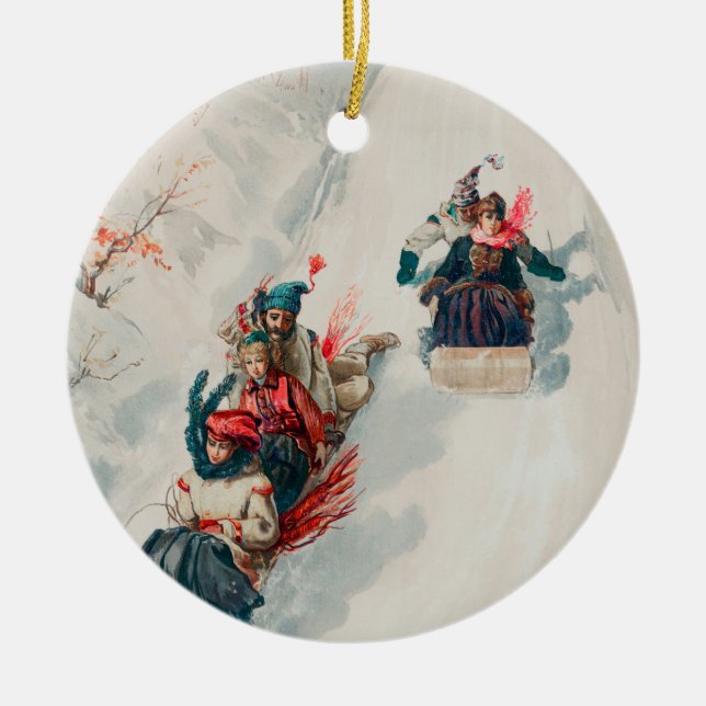 "Tobogganing", Chromolithograph, Louis Prang & Co. Ceramic Tree Decoration (Front)