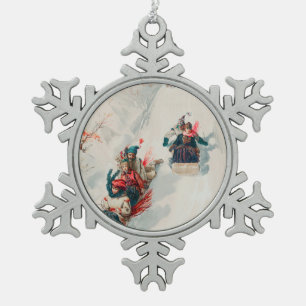 "Tobogganing", Chromolithograph, Louis Prang & Co. Snowflake Pewter Christmas Ornament