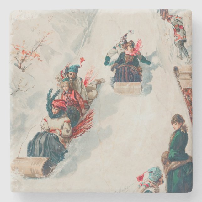 "Tobogganing", Chromolithograph, Louis Prang & Co. Stone Coaster (Front)