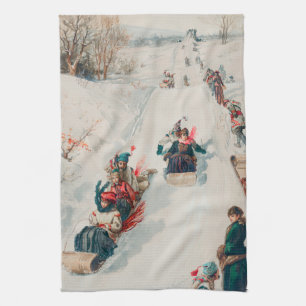 "Tobogganing", Chromolithograph, Louis Prang & Co. Tea Towel