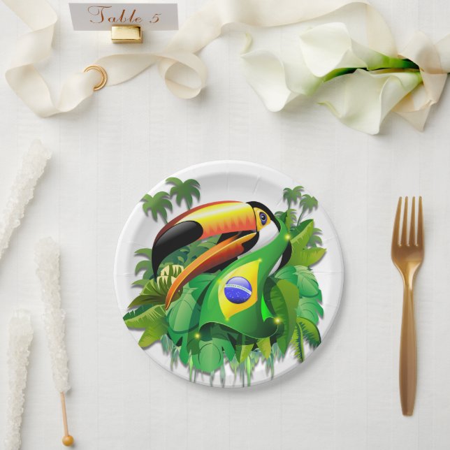 Toco Toucan with Brazil Flag  Paper Plate (Wedding)