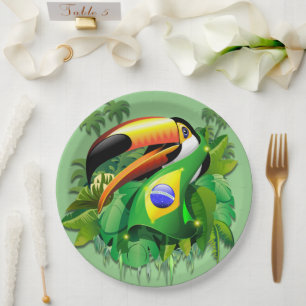 Toco Toucan with Brazil Flag Tie Paper Plate
