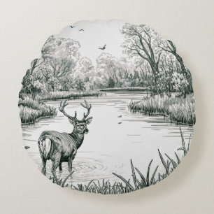 TOCOCLAWS Nature Series - Serene Stag Lake Illustr Round Cushion