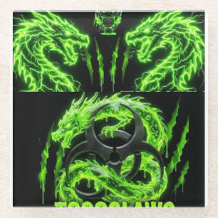 TOCOCLAWS Twin Neon Green Lightning Dragons Glass Coaster
