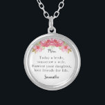 Today a Bride Mother-of-the-Bride Keepsake Silver Plated Necklace<br><div class="desc">Today a bride,  tomorrow a wife. Forever your daughter,  best friends for life. Personalise this pretty floral design with your name and it will make a thoughtful keepsake gift for your mother.</div>