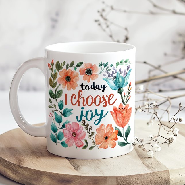 "Today I Choose Joy" Pastel Floral Inspiration Coffee Mug ("Today I Choose Joy" Pastel Floral Inspiration Coffee Mug on a boho kitchen table with dry flowers)