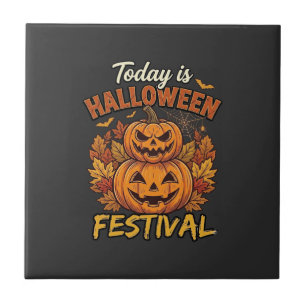 Today Is Halloween Festival Stacked Pumpkins Spide Tile