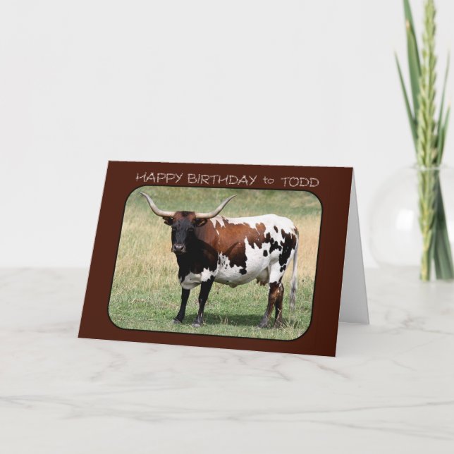 Todd Texas Longhorn Cow Happy Birthday Card (Front)
