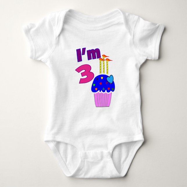 Toddler Birthday "I'm 3"---Adorable Cupcake Design Baby Bodysuit (Front)