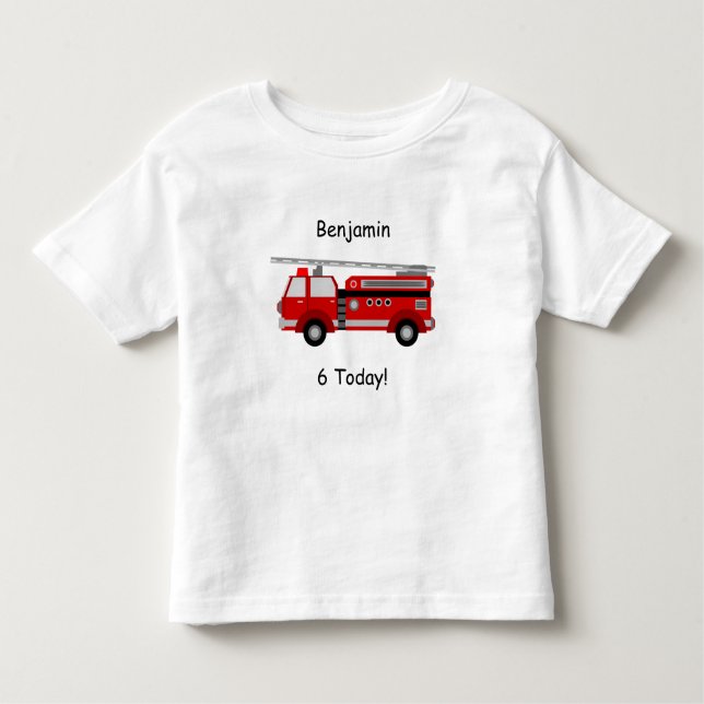 Toddler Fire Truck T-Shirt with Name & "6 Today!" (Front)
