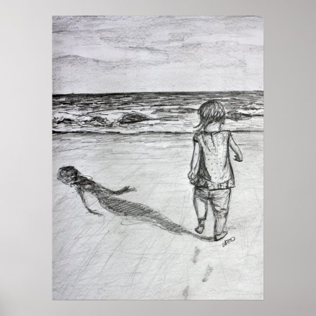 Toddler on the Beach Pencil Drawing Art Print (Front)