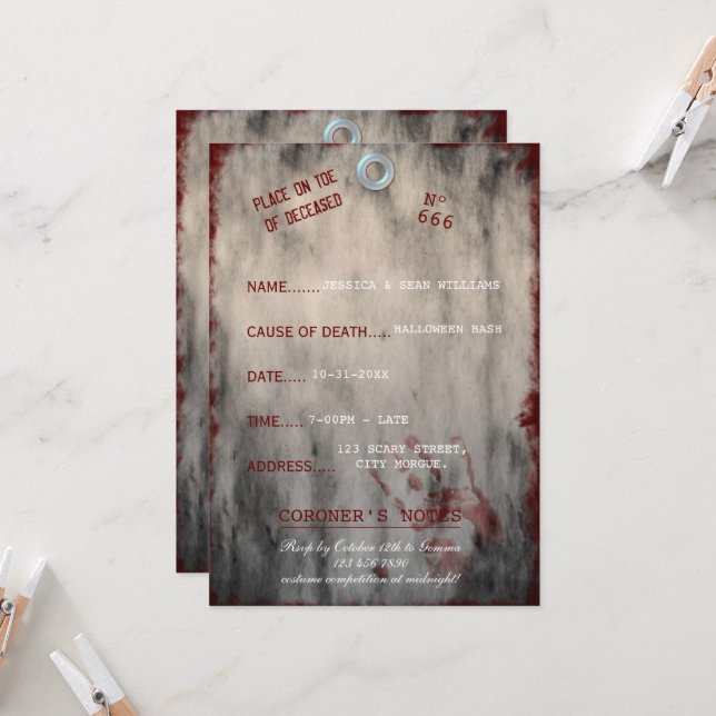 Toe Tag Halloween Party Invitation (Front/Back In Situ)