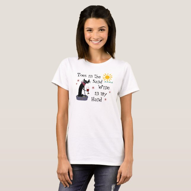Toes in the Sand Wine in My Hand Funny Beach Cat T-Shirt (Front Full)
