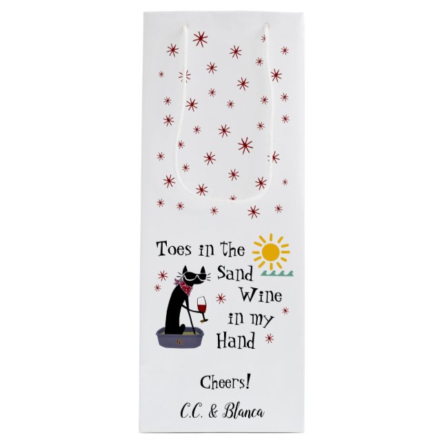 Toes in the Sand Wine in My Hand Funny Beach Cat Wine Gift Bag (Front)