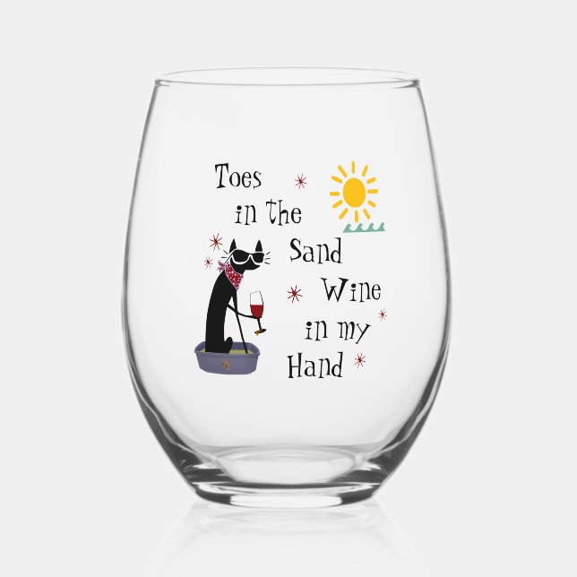 Toes in the Sand Wine in My Hand Funny Cat Stemless Wine Glass (Front)