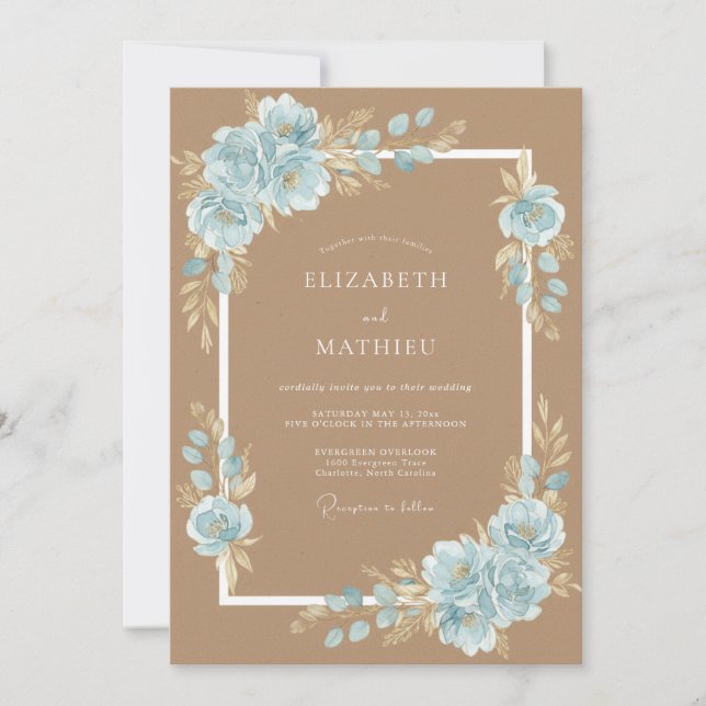 Toffee Azure Petal Wedding Invitation (Front)