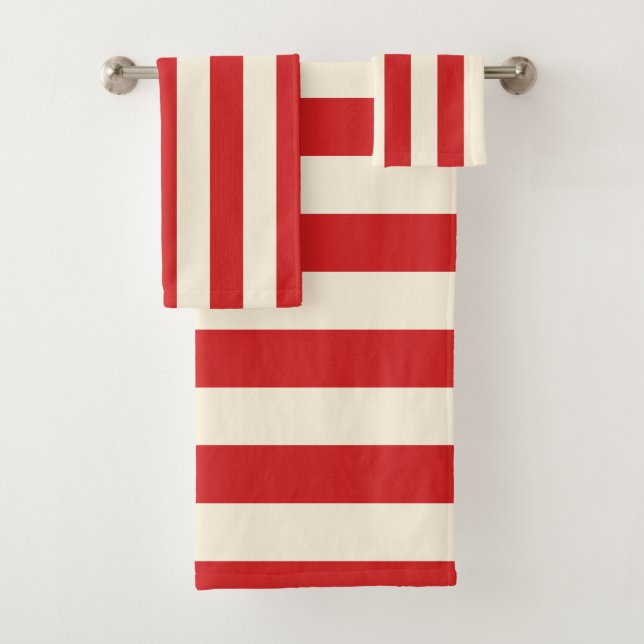 Tofu Cream Postbox Red Stripes Bath Towel Set (Insitu)