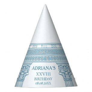 Toga party with blue meander pattern and columns party hat