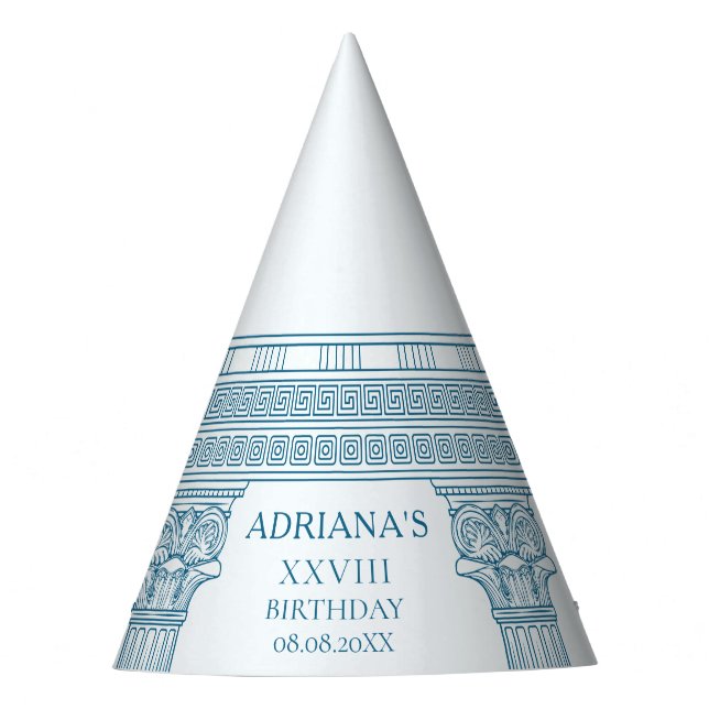 Toga party with blue meander pattern and columns party hat (Front)