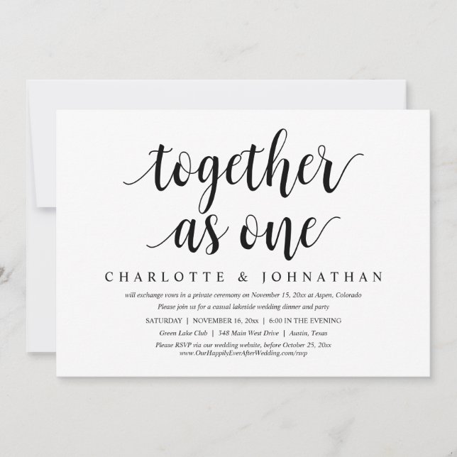 Together as one, Wedding Elopement Dinner Party Invitation (Front)