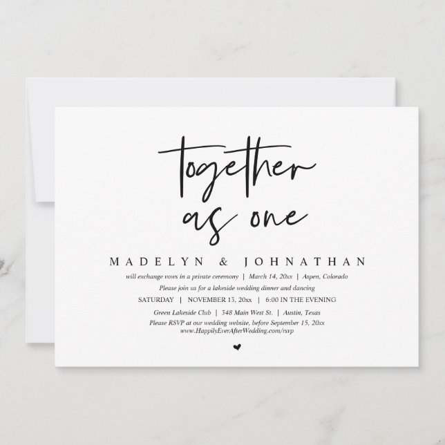 Together as One, Wedding Elopement Dinner Party Invitation (Front)