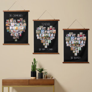 Together Family Name Heart Shape 87 Photo Collage Hanging Tapestry