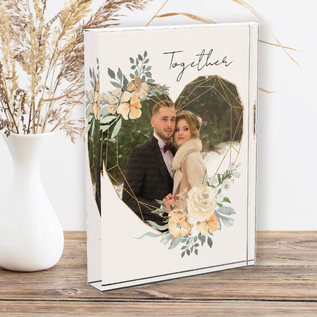 Together Floral Frame Geometric Heart Shaped Photo Block (Creator Uploaded)