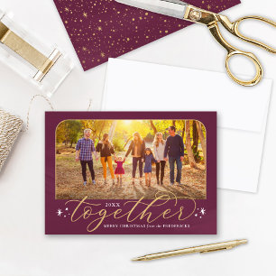 Together in 2022 Berry Wine and Gold Family Photo Holiday Card