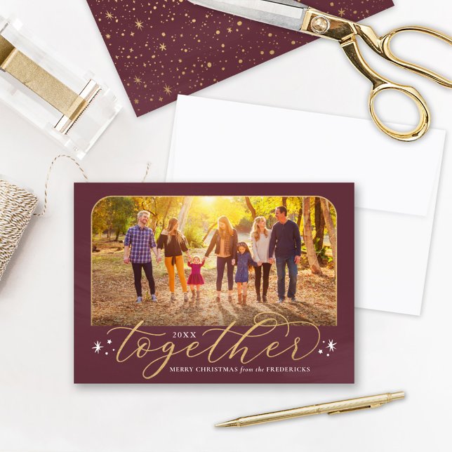 Together in 2022 Burgundy and Gold Family Photo Holiday Card (Creator Uploaded)