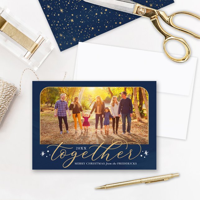 Together in 2022 Navy and Gold Family Photo Holiday Card (Creator Uploaded)