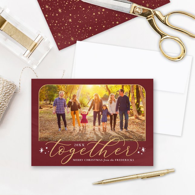 Together in 2022 Wine Red and Gold Family Photo Holiday Card (Creator Uploaded)