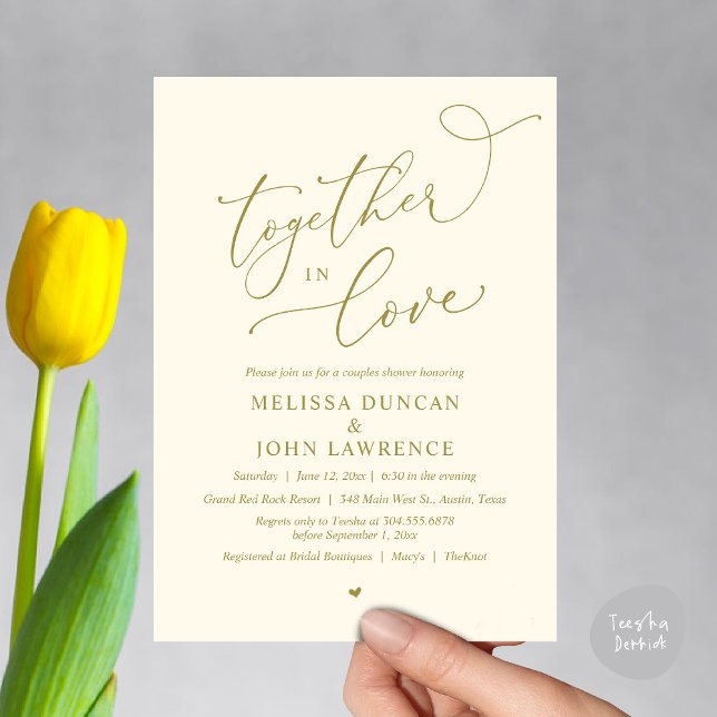 Together in Love, Romantic Couples Shower Party Invitation (Together in Love, Romantic Couples Shower Party Invitation Card PDF modern minimalist yellow gold)