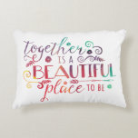 Together is a Beautiful Place to Be / Pillow<br><div class="desc">This modern decorative throw pillow features a stylish typography design, which reads "Together is a beautiful place to be." Text as well as stylistic elements (swirls, arrow, flowers, and leaves) all in multicolored watercolors. Back of the pillow is a solid coral colour, but can be customised to any colour you'd...</div>