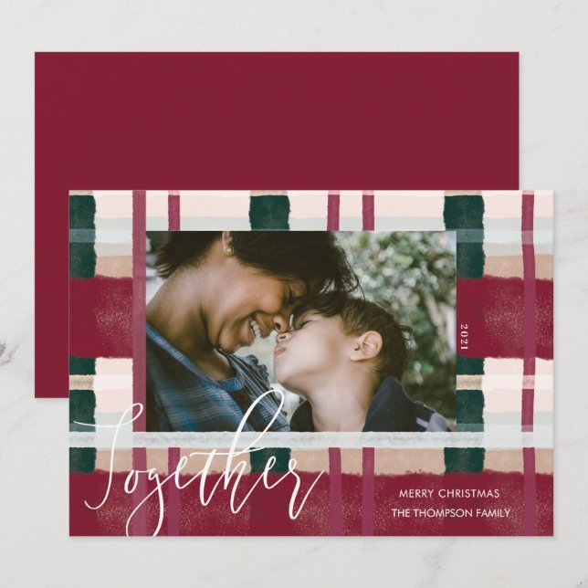 Together Modern Red & Green Watercolor Plaid Photo Holiday Card (Front/Back)
