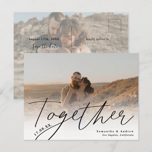 Together script modern 2 photos save the date postcard (Front/Back)