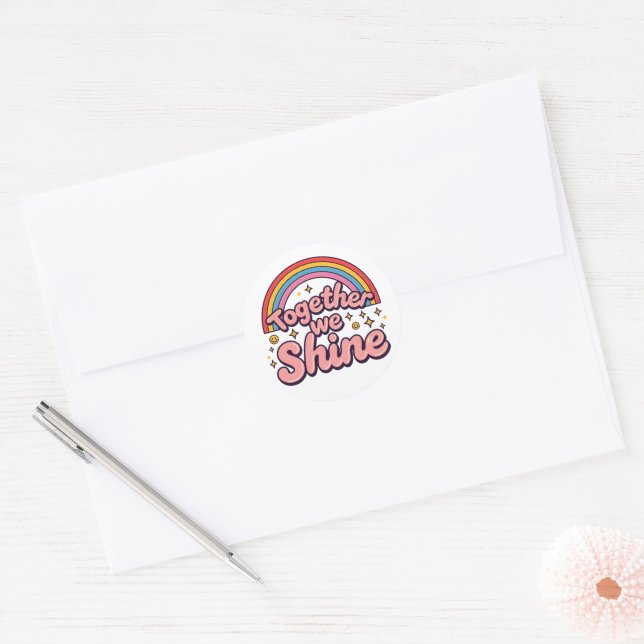 Together We Shine – Rainbow Retro Pride Quote Classic Round Sticker (Envelope)