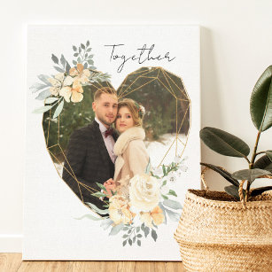 Together Wedding Photo in Geometric Floral Heart F Canvas Print