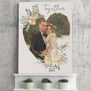 Together Wedding Photo in Geometric Floral Heart Faux Canvas Print