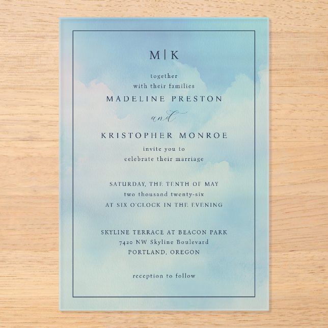 Together with their families Sky Blue Clouds Acrylic Invitations (Front)