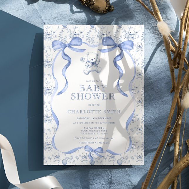 Toile Bear Blue Baby Shower Invitation (Creator Uploaded)