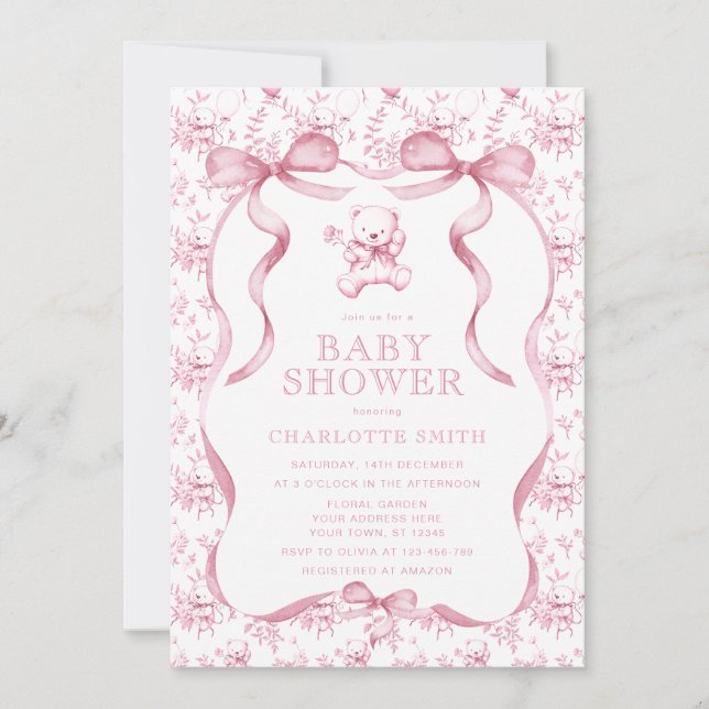 Toile Bear Pink Girl Baby Shower  Invitation (Front)