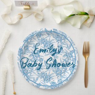 Toile bird and floral Custom Name Baby Shower I Do Paper Plate